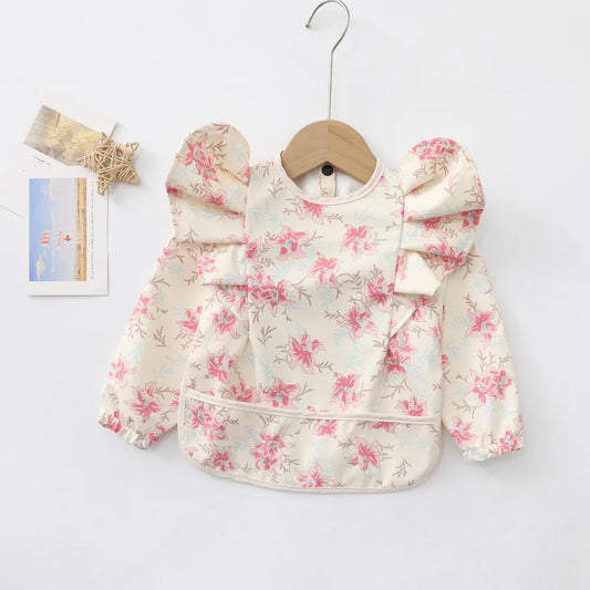 Baby Soft Waterproof Bib Long Sleeves With Cute Matching Bow Headband Little Boy Girl Painting Smock Child Meal Eating Apron with Long Sleeves Kid Adjustable Feeding Bibs
