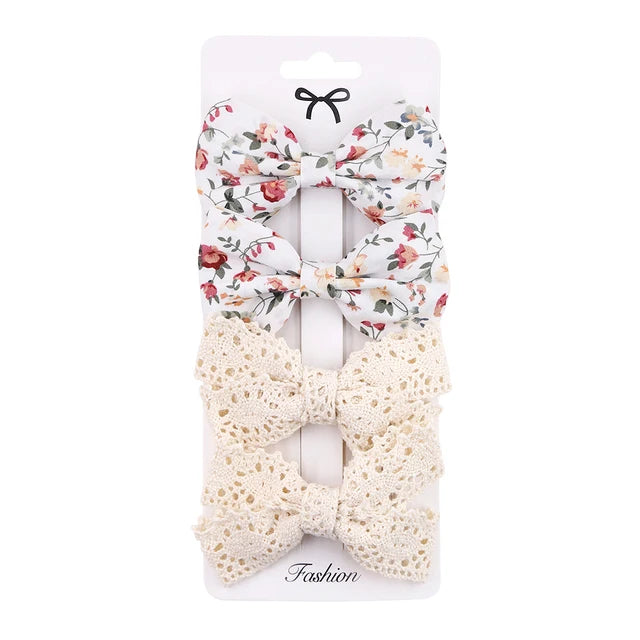 4Pcs Cute Design Handmade Hair Bow Clips Baby Girls Lace Cotton Linen BB Barrettes Safety Hairpins Kids Headwear Accessories Girls Bows Hair Bows