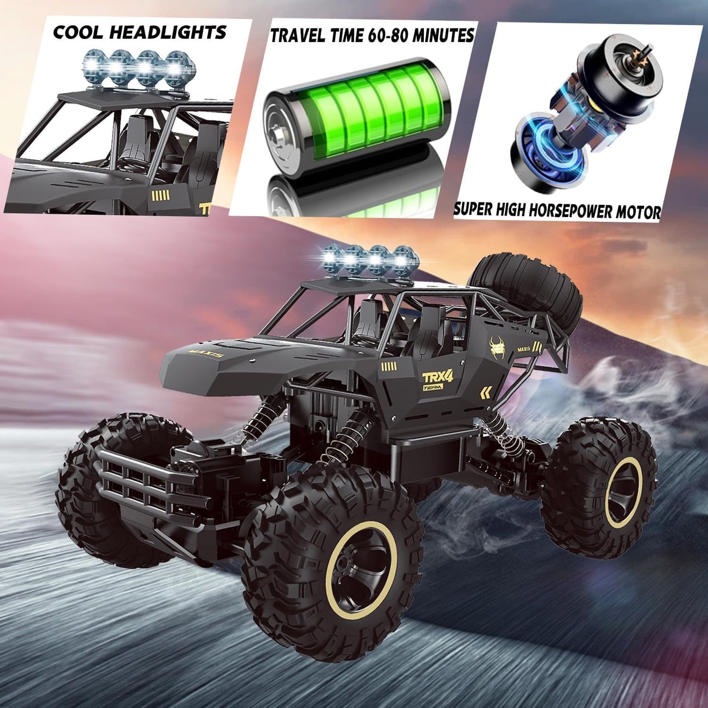 Mega Remote Control Moster Truck UK 4DRC Rc Car Rock Crawler Rechargeable Off Road Truck 4WD , Metal Shell LED Headlights RC Remote Control Off Road Car Truck