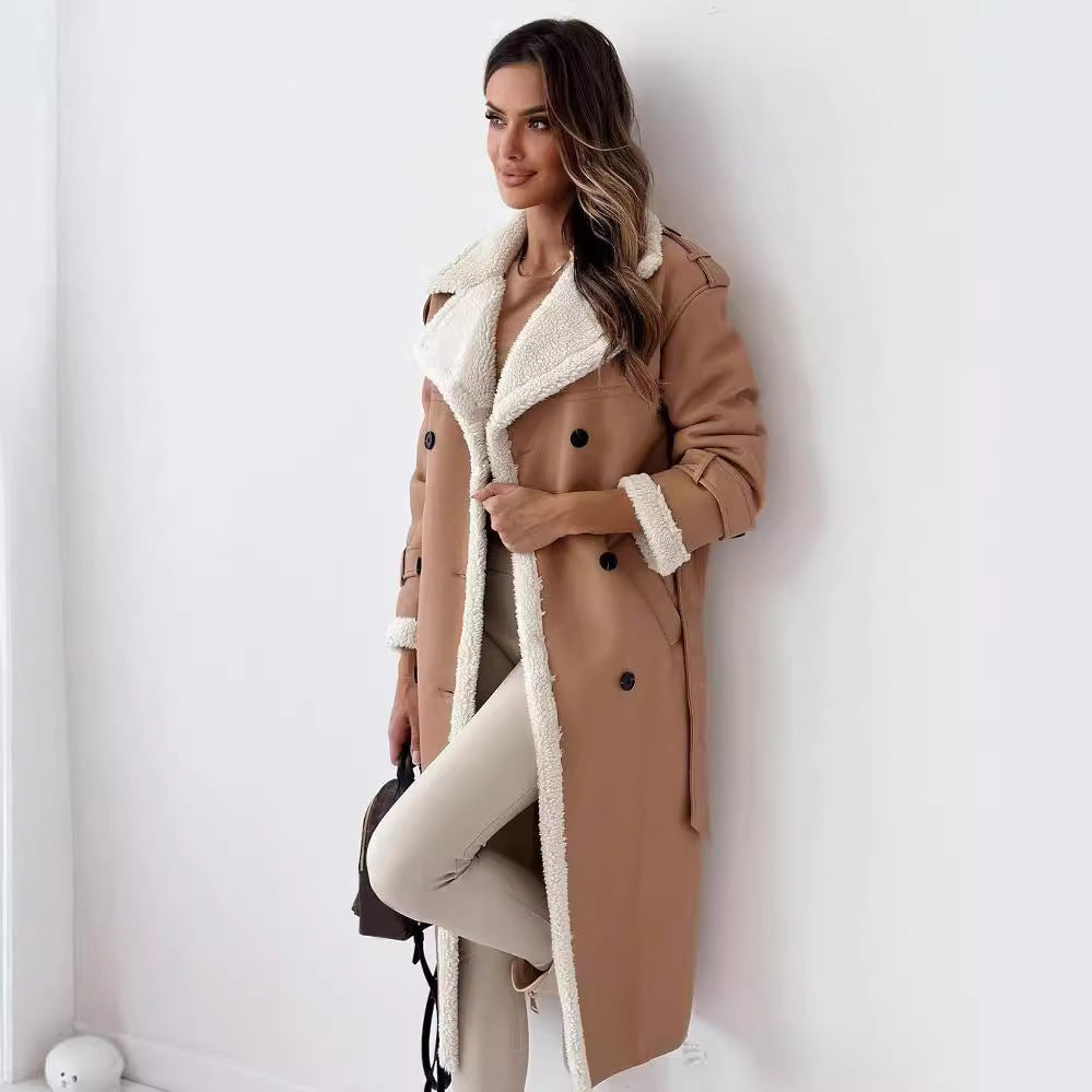 Womens Solid Colour Belted Drop Shoulder Faux Fur Jackset, Casual Long Sleeve, Lapel Neckline, Sheepskin Coat, Longline, Ladies Clothes, Warm, Trenchcoat  Double Breasted Lapel Windbreaker Women's Long Trench Coat Mid-length Overcoat Clothing