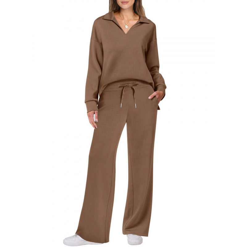 Comfy Warm Loungewear Set Two Piece Womens Leisure Wear Set Women's Tracksuit Sports Suit V-neck Long-sleeved Pullover Top And Drawstring Straight-leg Trousers Casual Solid Trousers Set