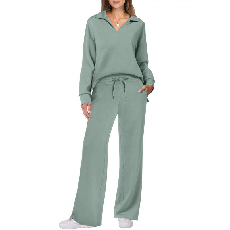Comfy Warm Loungewear Set Two Piece Womens Leisure Wear Set Women's Tracksuit Sports Suit V-neck Long-sleeved Pullover Top And Drawstring Straight-leg Trousers Casual Solid Trousers Set