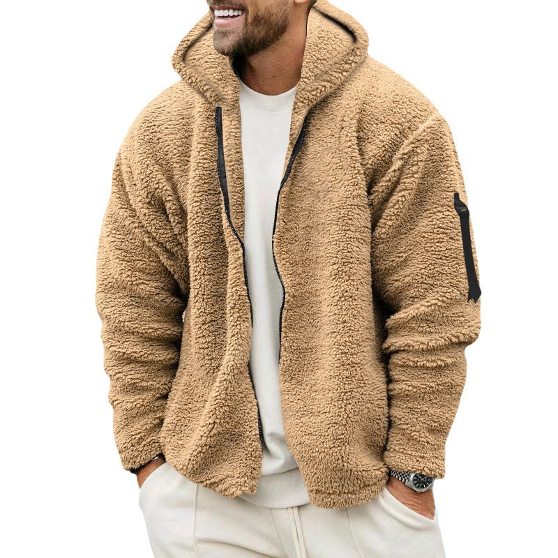 Mens Warm Fleece Plush Hooded Jacket Men's Autumn And Winter Fleece Double-sided Wear Warm Coat With Zipper Loose Casual Jacket Outdoor Clothing