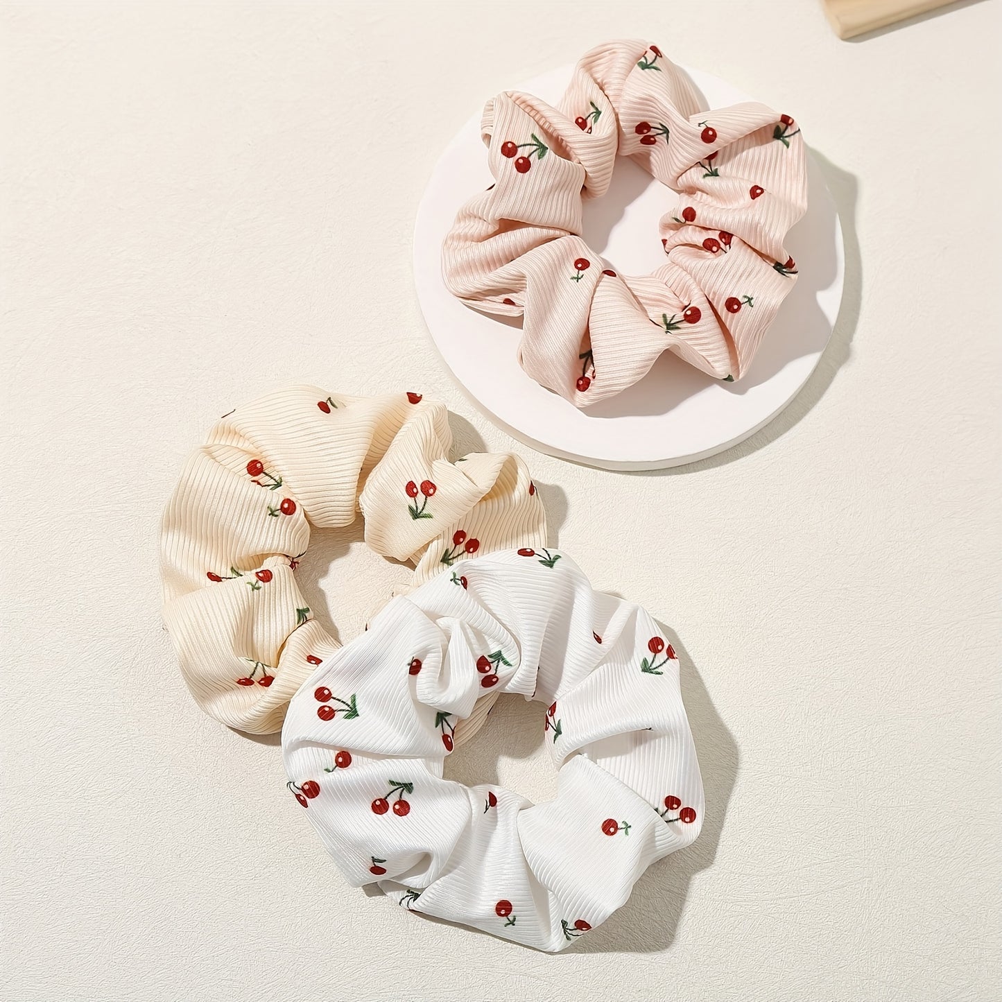 Pack of 3 Women's Cloth Hair Rings - Cute Minimalist Style Cherry Print Hair Ring - Elastic Hair Ring for Ponytails and Buns, Lovely Hair Accessory Essential for Women
