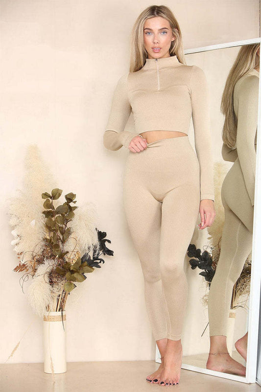 Ribbed Tracksuit Two Piece Set With Half Zip Detail Gym Loungewear Winter Yoga Pilates Long Sleeve Gym Set