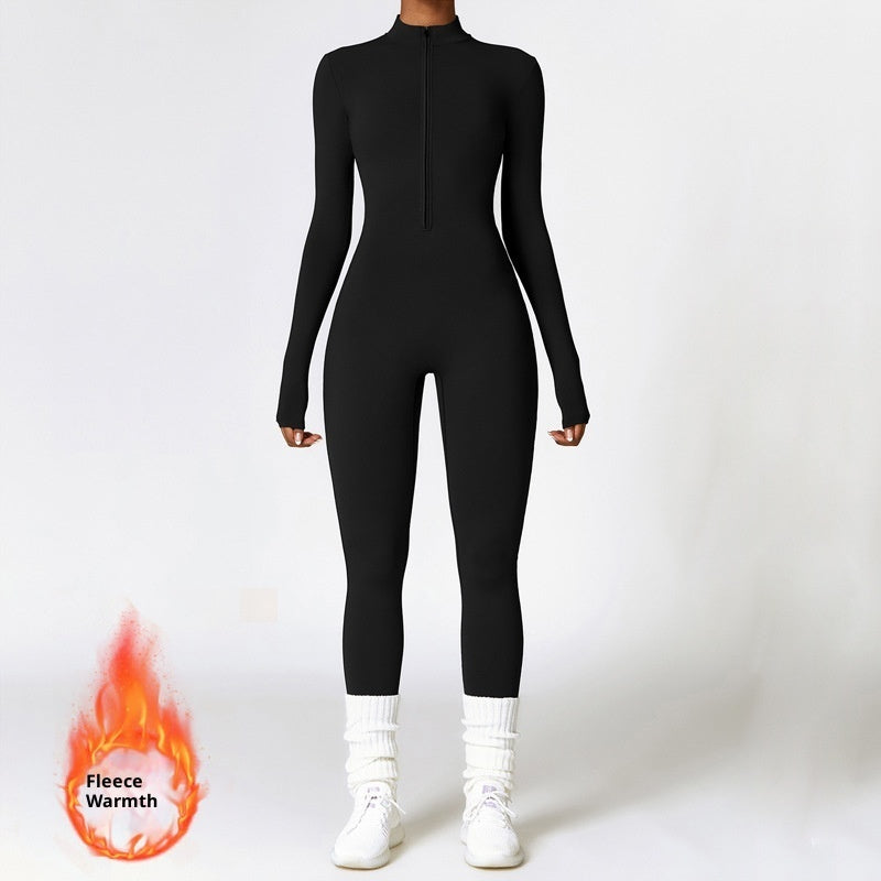 Women's Sporty Tight-Fit Long Sleeve Workout Jumpsuit, Plain Pattern, Fleece Lined, Half Zipper Design, Fall & Winter, Warm Sports Wear, Warm Jumpsuit, Winter Clothing, Winter Fleece-lined Yoga Jumpsuit Long Sleeve Warm