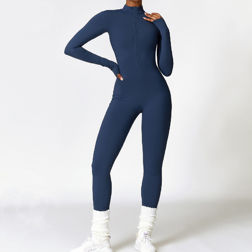 Women's Sporty Tight-Fit Long Sleeve Workout Jumpsuit, Plain Pattern, Fleece Lined, Half Zipper Design, Fall & Winter, Warm Sports Wear, Warm Jumpsuit, Winter Clothing, Winter Fleece-lined Yoga Jumpsuit Long Sleeve Warm