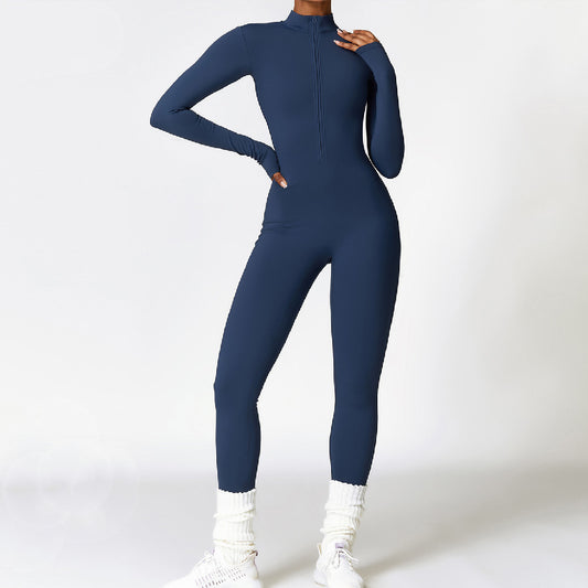 Women's Sporty Tight-Fit Long Sleeve Workout Jumpsuit, Plain Pattern, Fleece Lined, Half Zipper Design, Fall & Winter, Warm Sports Wear, Warm Jumpsuit, Winter Clothing, Winter Fleece-lined Yoga Jumpsuit Long Sleeve Warm