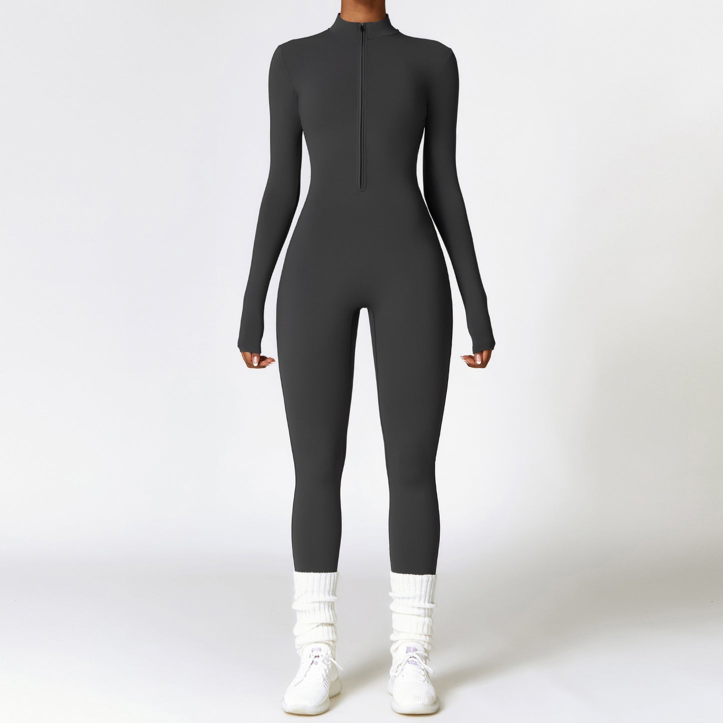 Women's Sporty Tight-Fit Long Sleeve Workout Jumpsuit, Plain Pattern, Fleece Lined, Half Zipper Design, Fall & Winter, Warm Sports Wear, Warm Jumpsuit, Winter Clothing, Winter Fleece-lined Yoga Jumpsuit Long Sleeve Warm