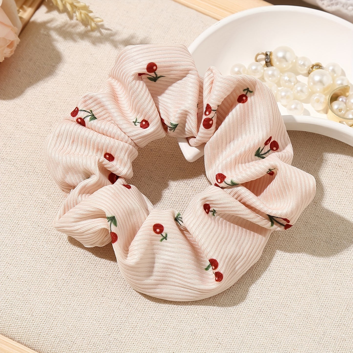 Pack of 3 Women's Cloth Hair Rings - Cute Minimalist Style Cherry Print Hair Ring - Elastic Hair Ring for Ponytails and Buns, Lovely Hair Accessory Essential for Women