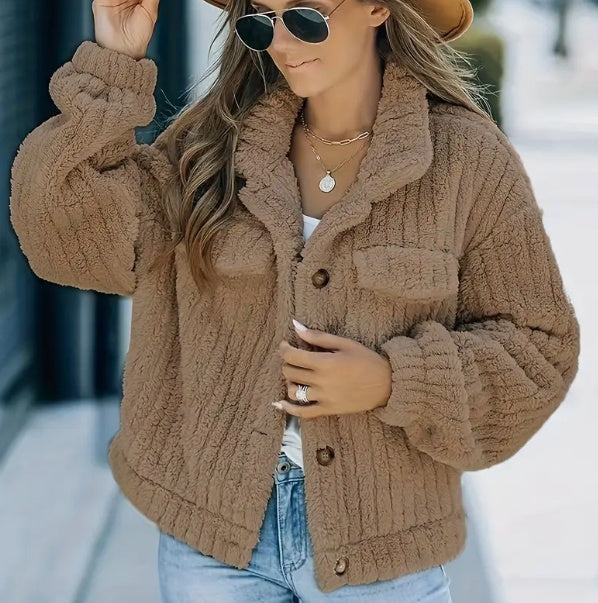 Lapel Plush Bomber Jacket Warm Fleece Comfort Casual Women's Thick Plush Coat