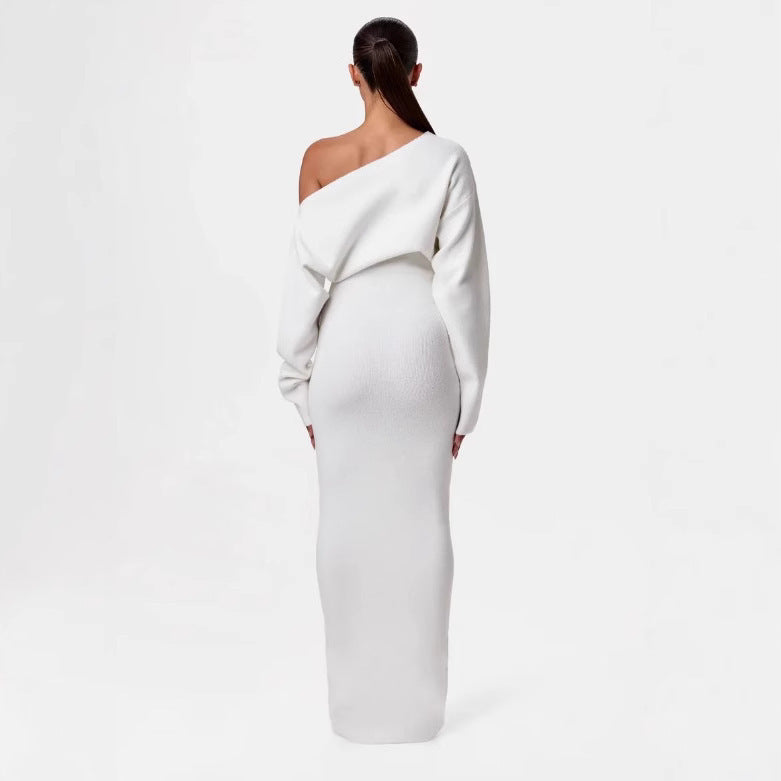 Ins Slim Long Sleeve Knitted Dress Evening Party Sexy Off-shoulder Bodycon Long Dresses