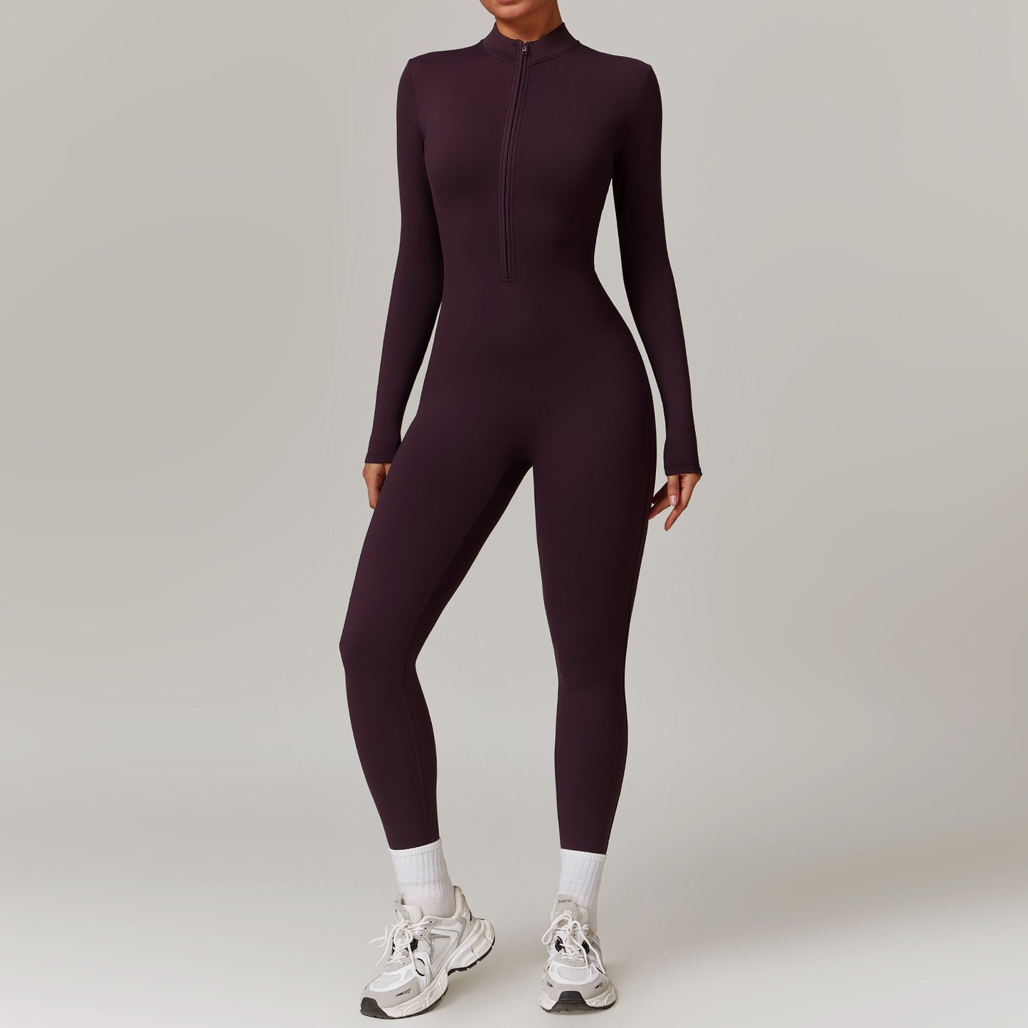 Women's Sporty Tight-Fit Long Sleeve Workout Jumpsuit, Plain Pattern, Fleece Lined, Half Zipper Design, Fall & Winter, Warm Sports Wear, Warm Jumpsuit, Winter Clothing, Winter Fleece-lined Yoga Jumpsuit Long Sleeve Warm