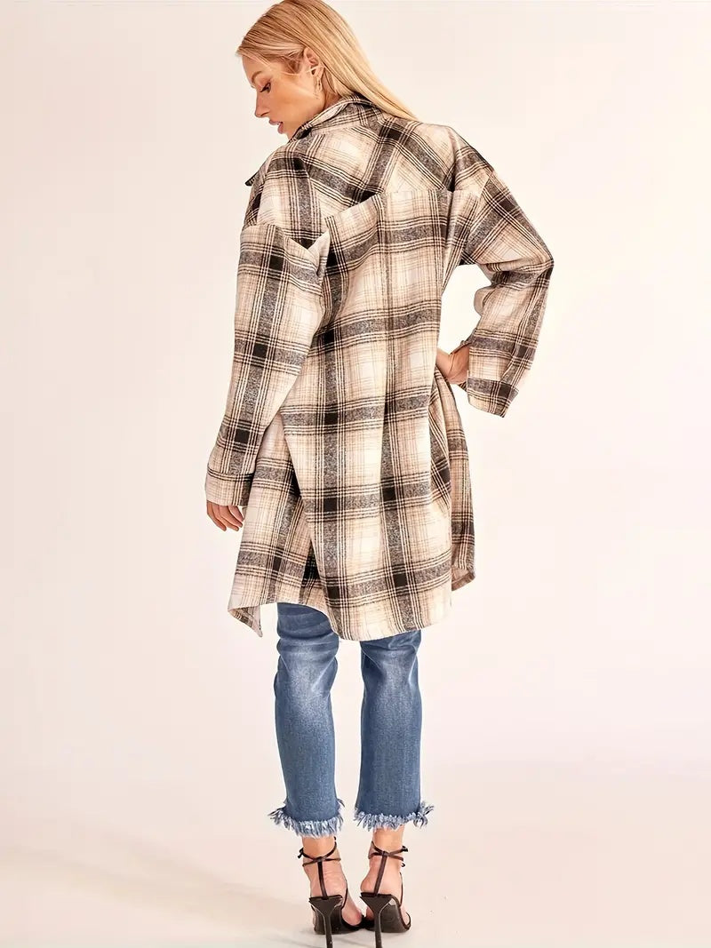 Long Line Oversized Check Long Shirt Jacket Vintage Plaid Long Cardigan Shirt Jacket