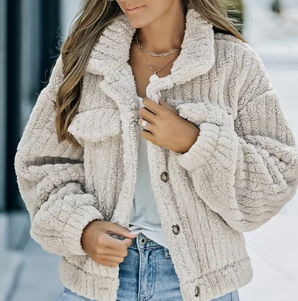 Lapel Plush Bomber Jacket Warm Fleece Comfort Casual Women's Thick Plush Coat